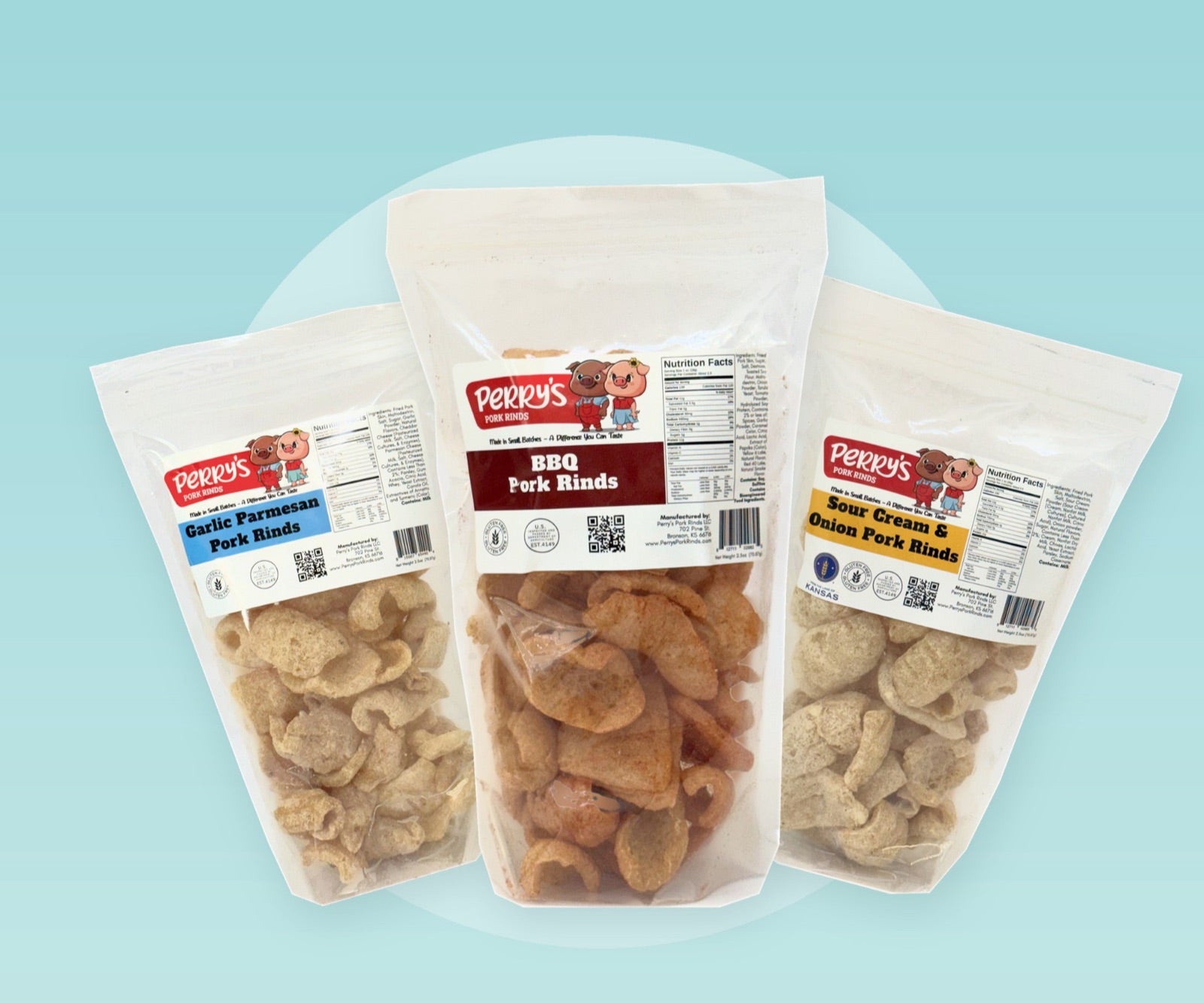 Perry's Garlic Parmesan, BBQ and Sour Cream & Onion pork rinds