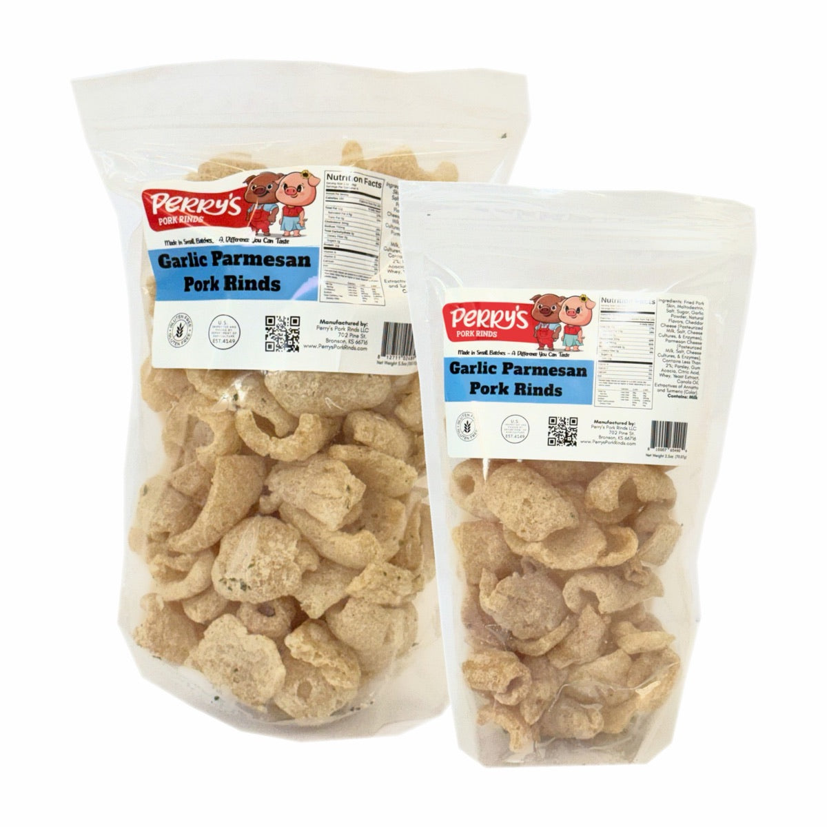 The 5.5 oz share bag and 2.5 oz snack bag side by side