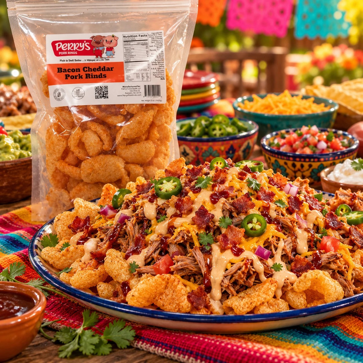 Bacon Cheddar pork rinds serving idea